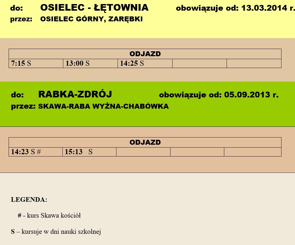 Rozkład Bus Osielec, Łętownia, Rabka-Zdrój